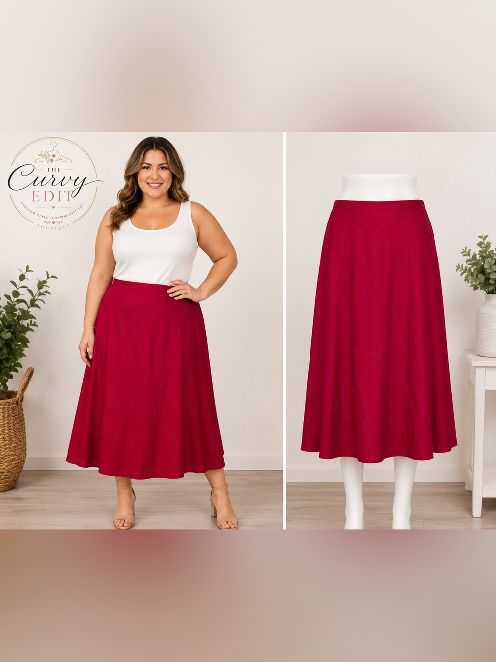 Talbots Made of Italian Fabric Red Linen Blend A-Line Midi Skirt | Women’s Plus